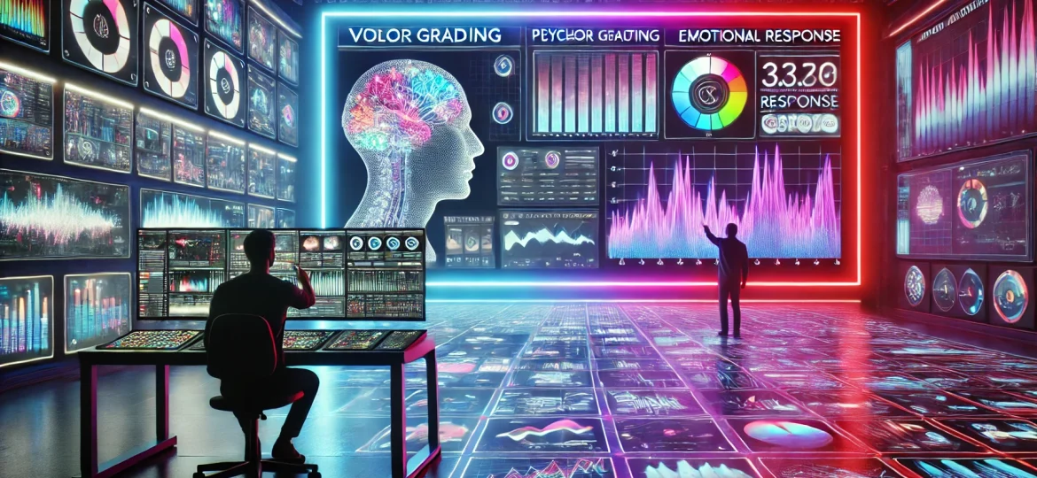 DALL·E 2025-03-20 13.44.06 - A futuristic concept of neuromarketing in audiovisual production. The image showcases a high-tech studio with a filmmaker adjusting video color gradin